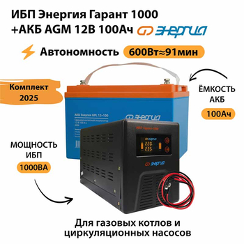 ИБП для котла Энергия Гарант 1000 + Аккумулятор 100 Ач 12 В (600Вт - 91мин) - ИБП и АКБ - ИБП для котлов - . Магазин оборудования для автономного и резервного электропитания Ekosolar.ru в Новочеркасске