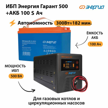 ИБП Энергия Гарант 500 + Аккумулятор S 100 Ач - 12В (300Вт - 182мин) - ИБП и АКБ - ИБП для котлов - . Магазин оборудования для автономного и резервного электропитания Ekosolar.ru в Новочеркасске
