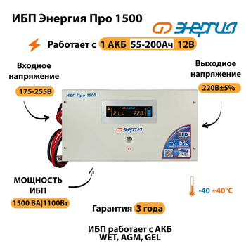 Энергия ИБП Про 1500 12В - ИБП и АКБ - ИБП для котлов - . Магазин оборудования для автономного и резервного электропитания Ekosolar.ru в Новочеркасске