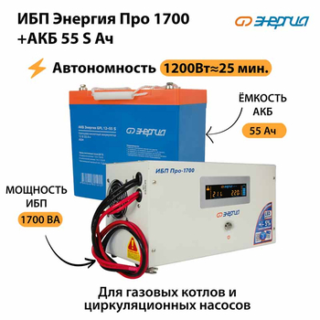 ИБП Энергия Про 1700 + Аккумулятор S 55 Ач - 12В (1200Вт - 25мин) - ИБП и АКБ - ИБП для котлов - . Магазин оборудования для автономного и резервного электропитания Ekosolar.ru в Новочеркасске