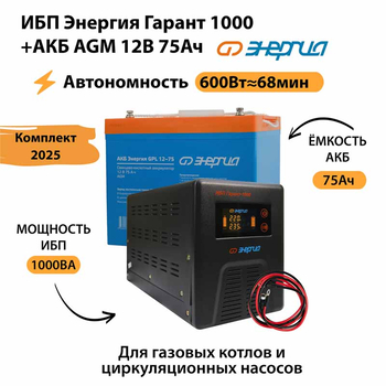 ИБП для котла Энергия Гарант 1000 + Аккумулятор 75 Ач 12 В (600Вт - 68мин) - ИБП и АКБ - ИБП для котлов - . Магазин оборудования для автономного и резервного электропитания Ekosolar.ru в Новочеркасске