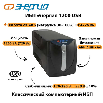 Энергия ИБП 1200 USB - ИБП и АКБ - ИБП для компьютера - . Магазин оборудования для автономного и резервного электропитания Ekosolar.ru в Новочеркасске