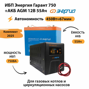 ИБП для котла Энергия Гарант 750 + Аккумулятор 55 Ач 12 В (450Вт - 67мин) - ИБП и АКБ - ИБП для котлов - . Магазин оборудования для автономного и резервного электропитания Ekosolar.ru в Новочеркасске