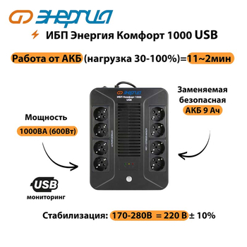 ИБП Комфорт 1000 USB Энергия - ИБП и АКБ - ИБП для компьютера - . Магазин оборудования для автономного и резервного электропитания Ekosolar.ru в Новочеркасске