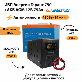 ИБП для котла Энергия Гарант 750 + Аккумулятор 75 Ач 12 В (450Вт - 91мин) - ИБП и АКБ - ИБП для котлов - . Магазин оборудования для автономного и резервного электропитания Ekosolar.ru в Новочеркасске