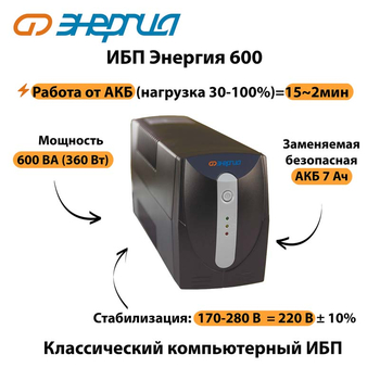 Энергия ИБП 600 - ИБП и АКБ - ИБП для компьютера - . Магазин оборудования для автономного и резервного электропитания Ekosolar.ru в Новочеркасске